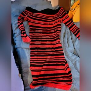 Nikibiki Red and Black Striped Off-Shoulder Bardot Mini Dress One Size Fits All